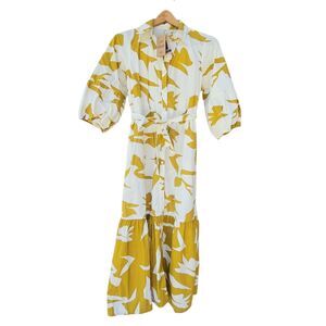 NAOO Midi Dress Sz L Mustard White Button Front Belted Tiered Boho Puff Sleeve